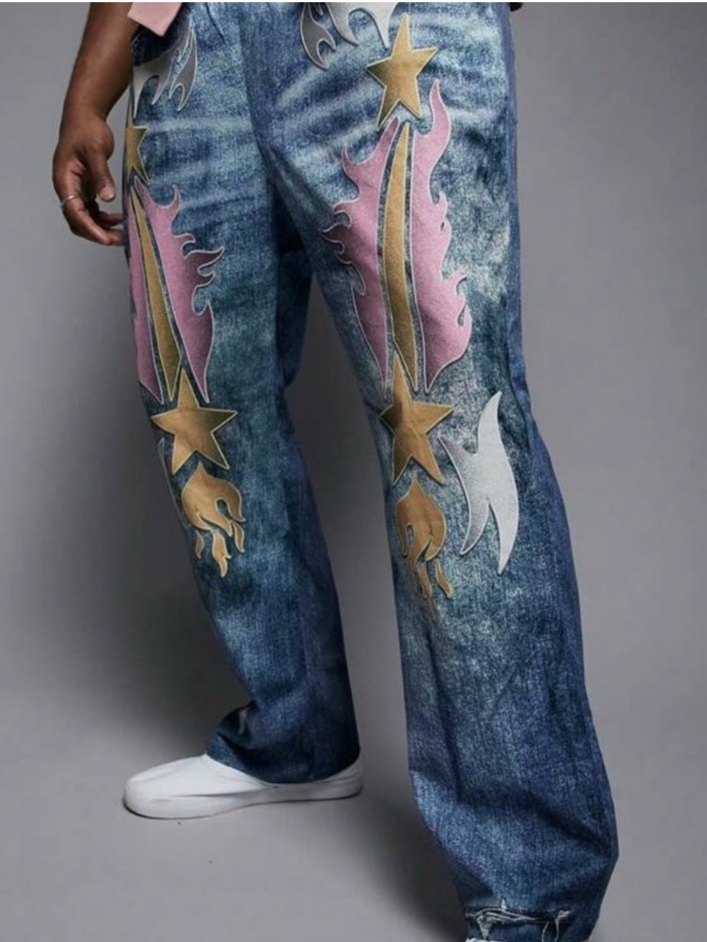 Relaxed Blue Washed Jeans with Pink & Gold Star Motif